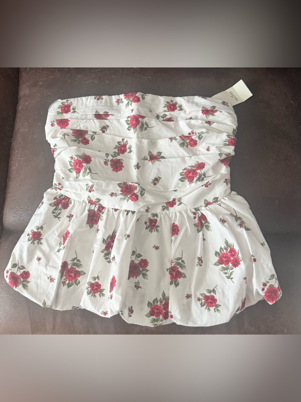 Hollister White Strapless Peplum Top with Red Floral Print